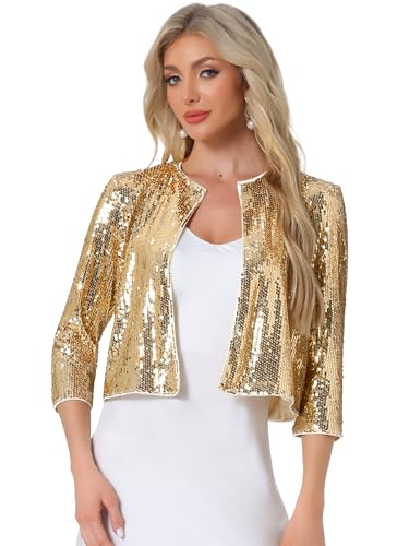 Image of Allegra K Sequin Cardigan for Women's Glitter 3 /4 Sleeve Open Front Party Club Jackets X-Large Gold