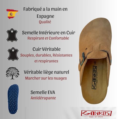 Sabots en cuir véritable fabriqués en Espagne avec semelle liège confortable - 5
