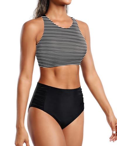Holipick Women High Waisted Two Piece Bikini Set Racerback Bathing Suit Sporty Crop Top with Bottom for Teen Girls4