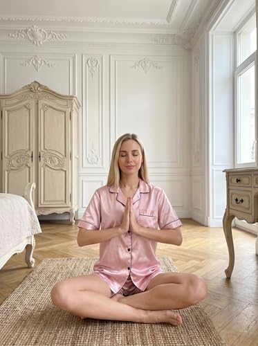 Image of Jecery 2 Piece Summer Pajamas for Women Man Soft Couples Matching Pjs Short Satin Button Down Sleepwear for Bride Groom Gift
