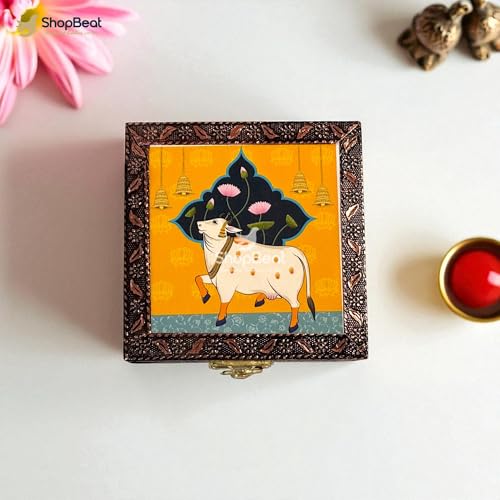 Image of Handcrafted Wooden Jewellery Box Copper Metal Finish (4 x 4 inch) Pack of 3 | Oxidized Pichwai Cow Design | Decorative Organizer | Storage Box for Women Puja Festive Gifting | Marigold Gold
