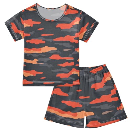 ALAZA Red Gray Camouflage Pajamas Set Short Sleeve Cotton Sleepwear Summer Pjs 2 Piece 5-14Y