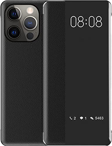 Étui iPhone 13 Pro noir avec rabat en cuir de qualité supérieure et fenêtre transparente