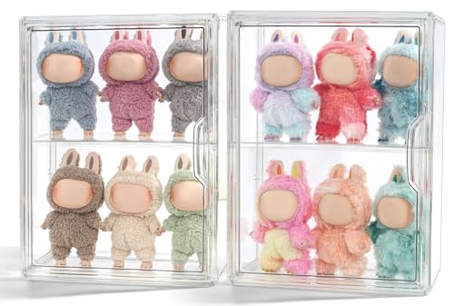 2 Pack Display Case Compatible with Labubu POP MART Acrylic Clear Display Box Shelf for POP MART Labubu Doll