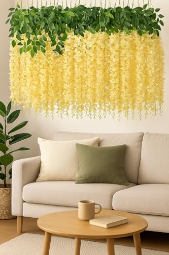 Image of Tia Crafts Artificial Hanging Flowers for Ceiling Balcony | Wisteria Vine | Home Party Decor Garden Outdoor Greenery Office Wall Decoration | Waterproof Washable - 3.7ft /45 inch (12, Off-White)