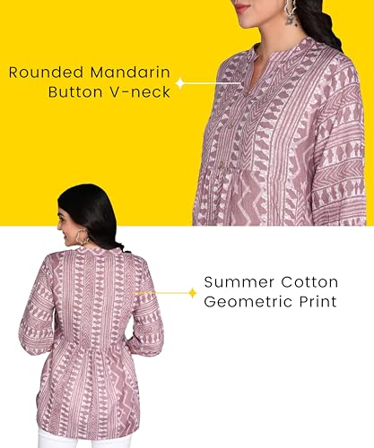 Image of Stylistico Geometric Print Summer Cotton Tunic Western Everyday Regular Fit Full Sleeve v Neck Office Peplum Printed Long Tops for Women Latest