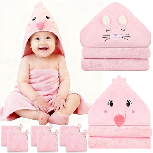 Image of Sublaga 8 Pcs Baby Towel Set, Soft Baby Bath Towels and Washcloths Set, 2 Pcs 32x32 in Cute Baby Towel with Hood and 6 Pcs Baby Washcloths for Infants, Toddlers and Kids (Pink Kitten & Flamingo)