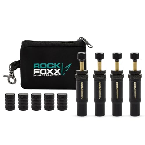 ROCKFOXX 4er Set Reifendruck Ablassventile Automatische Tire Deflators für Offroad, Einstellbarer Druckbereich 0,7-2 bar, inkl. Ventilkappen & Tasche ? Einfache und schnelle Druckanpassung