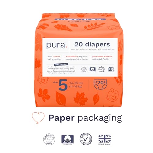 Image of Pura Size 5 Eco-Friendly Diapers (24-35 lbs) Totally Chlorine Free (TCF) Hypoallergenic, Soft Organic Cotton, up to 12 Hours Leak Protection, Allergy UK, 3 Packs of 20 (60 Count)