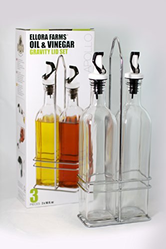 Ellora Farms, Apollo Glass Cruet Set With Steel Caddy Included, Magnetized Self Closing Nozzle Spout, Gravity Dispenser, Perfect For Olive Oil, Salad Dressing, Vinegar, Vegetable Oil, Syrup, Wine, 17 Oz. Capacity, 3 Pc Set #TOP4