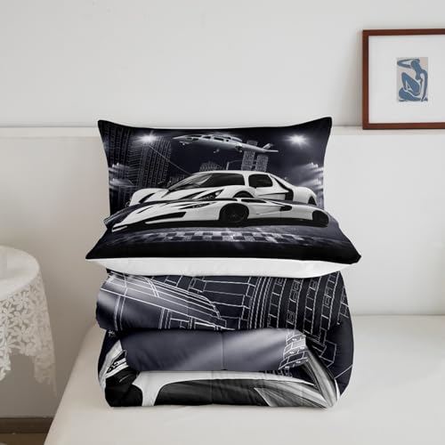 Image of Feelyou Race car Airplane Comforter Set Black Grey White Speed Sports Car Bedding Set for Kids Teens Racing Car Comforter Extreme Sports Duvet Set Decor Quilt 3Pcs King Size Boys