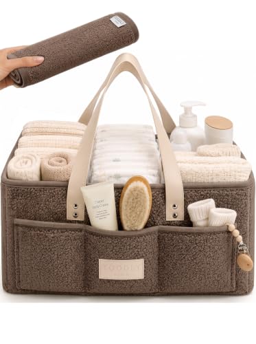 Image of Toodly Baby Diaper Caddy Organizer with Waterproof Changing Pad, Taupe | Sherpa teddy fleece nursery storage basket, removable velcro dividers, wipeable interior, newborn shower gift, car and travel
