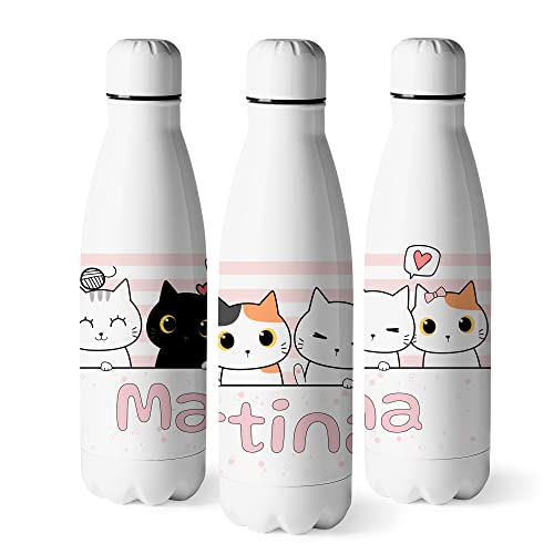 Zumo Digital Botella de Agua Personalizada Diseño Gatos Kawaii, Personaliza tu Nombre Divertido Gatitos, Libre BPA Acero Inoxidable de 500ml (Kawaii 2)