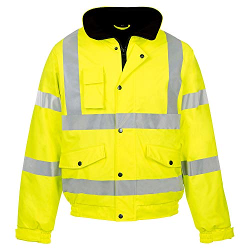 Image of Stylo Online Hi Viz Vis Bomber Jacket High Visibility Security Workwear Safety Wear Fluorescent Flashing Reflective Tape Contractor Concealed Hood Waterproof Padded Hooded Work Coat (Yellow,3XL)