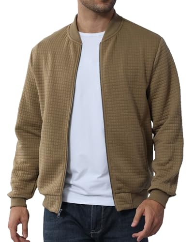 Image of YuKaiChen Mens Lightweight Bomber Jacket Casual Plaid Jacquard Varsity Jacket Coat with Zipper Pockets