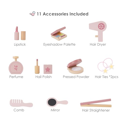 Leeshyah Kids Vanity Set for Little Girls with Touch-Button 3-Color Light Mirror, Wooden Pretend Play Makeup Table with 11 Accessories, Kid-Sized Beauty Desk for Ages 3+ by Leeshyah - Image 3