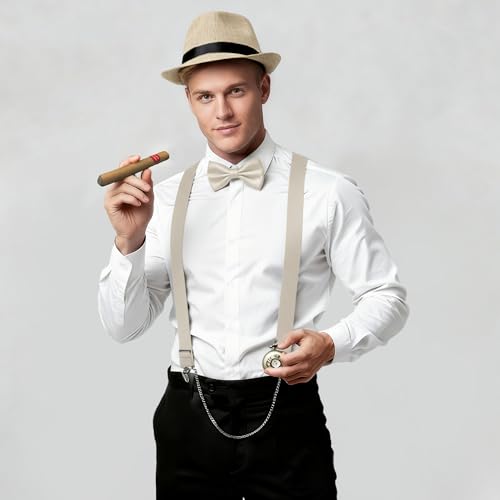 Image of BABEYOND 1920s Mens Gatsby Gangster Accessories Set Panama Hat Suspender Bow Tie