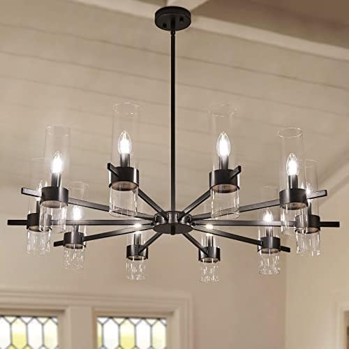 RTCTE 40 Inch Black Farmhouse Chandelier, 10-Light Large Modern Chandeliers for Dining Room Light Fixtures with Glass Shade, Industrial Vintage Pendant Lighting for Kitchen Island Living Room Bedroom…