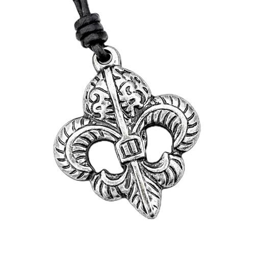 Lord of Battles Medieval Pendant Fleur-de-Lis Necklace with Adjustable Genuine Leather Cord Heraldic Jewelry (Nickel Finish)