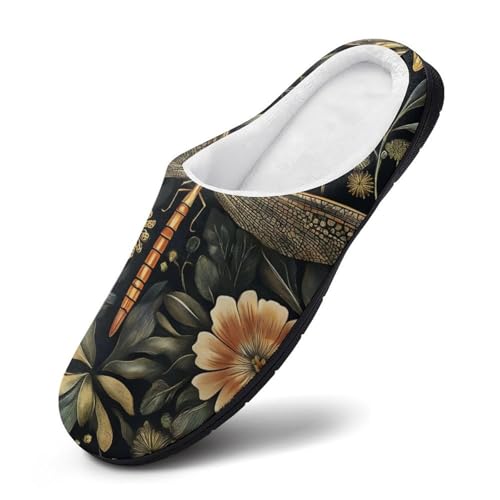 Vintage Dragonfly Floral Women's Fuzzy Slippers Indoor House Slip On Shoes Cozy Soft2