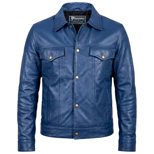 Image of Vintage Style Trucker Leather Jacket Men Real Lambskin Vintage Trucker Shirt Collar Mens Leather Jackets