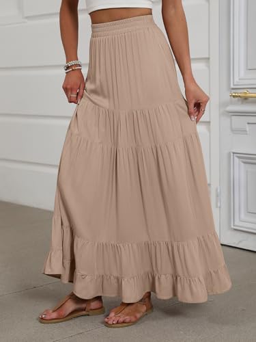 Image of ANRABESS Womens Maxi Skirt Elastic High Waist Swing Tiered A-line Flowy Pleated Boho Beach Vacation Long Skirts