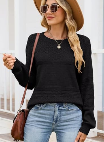 Image of JOCAFIYE Fall Clothes School Outfits for Teachers Crewneck Solid Sweaters for Women Contrast Ribbed Knit Jumpers Pullover Long Sleeve Casual Loose Fit Sweater Tops Black Medium