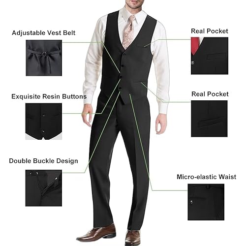 Image of Mens Suit Solid Two Button Slim Fit Suit Set for Wedding Formal Business Suit Men 3 Piece Suit Blazer Vest Pants Set