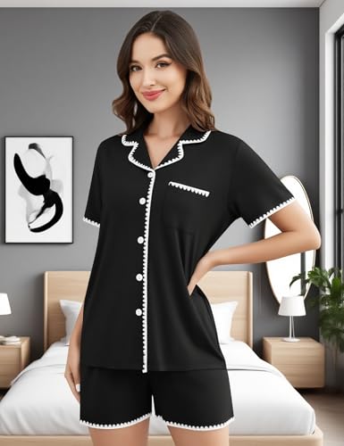 Image of SWOMOG Womens Button Down Pajamas Set Short Sleeve Sleepwear Bride Soft Pj Lounge Sets XS-3XL