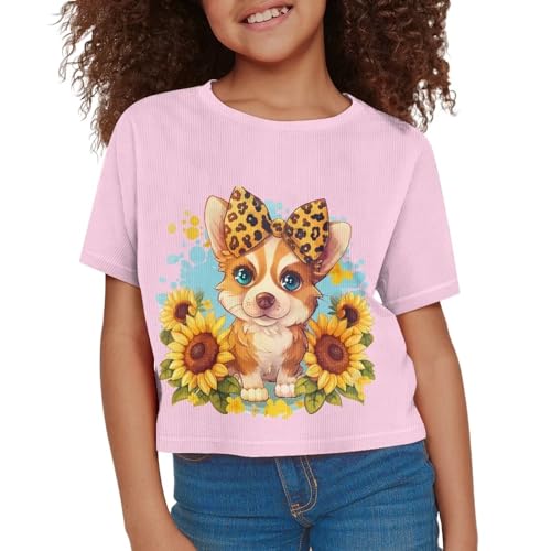 Image of Girls Summer Crop Top Outfits Short Sleeve T Shirts Kids Cute Clothes Tees Blouse