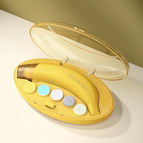 Image of Baby Nail Trimmer Electric, ANGELBLISS Baby Nail Clippers with Grinding Cover and LED Light, Baby Nail File Kit for Newborn Infant Toddler or Adults Toes Fingernails, Included 5 Grinding Heads(Yellow)