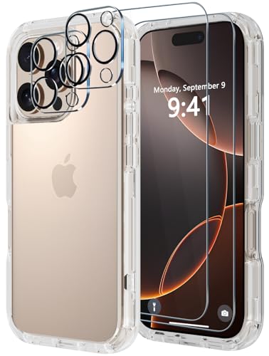 Image of Diverbox for iPhone 16 Pro Max Case [Shockproof] [Dropproof] [Tempered Glass Screen Protector + Camera Protectors] Heavy Duty Protection Phone Case Cover for Apple iPhone 16 Pro Max (Clear)