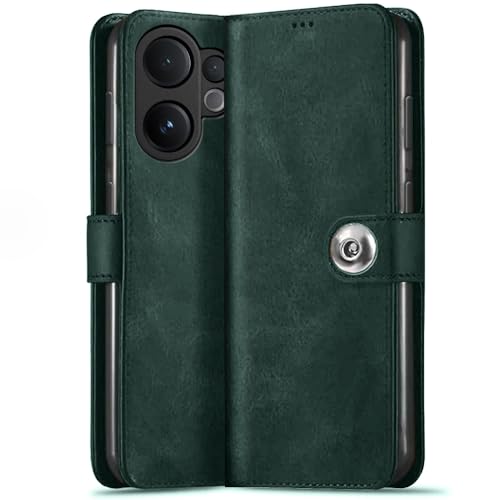 Image of TheGiftKart Genuine Leather Finish Flip Back Cover Case for Vivo V60 5G / V60e 5G / Vivo T4 Pro 5G | Inbuilt Pockets & Stand | Wallet Style | Designer Button Magnet Flip Cover (Faux Leather, Green)