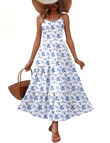 Image of Zeagoo Women Summer Dresses with Pockets Adjustable Spaghetti Straps Crewneck Tiered Flowy Floral Boho Maxi Dress