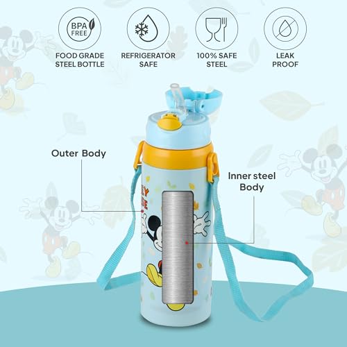 Image of Cello Kidzbee Autumn 600 Mickey Mouse Design Insulated Kids Sipper Water Bottle 600 ml |Food Grade, 3D Touch & Feel Design, BPA Free, Leakproof Easy Press Open Flip Top Cap Insulated Kids Water Bottle