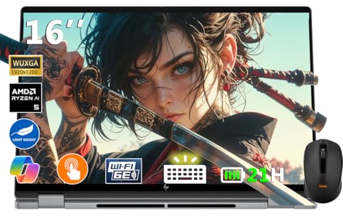 HP Envy OmniBook X Flip 2 em 1 Laptop 16 polegadas FHD + Touch, PC Copilot+, AMD Ryzen AI 5 340 (8 núcleos), 16 GB de RAM, SSD de 1 TB, AMD Radeon 840M, bateria 21H, Win 11, prata meteoro, com mouse