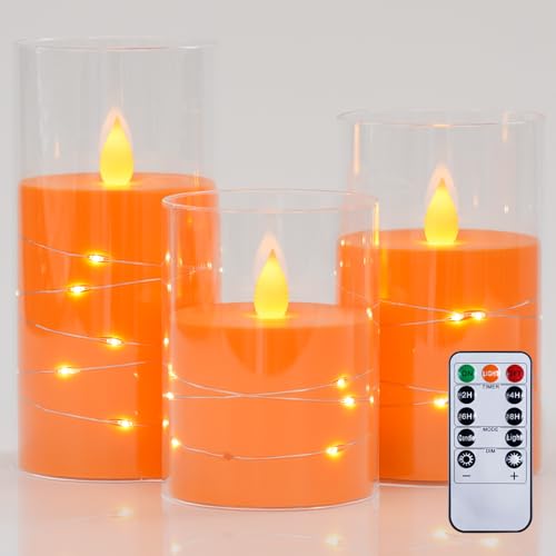Image of Flameless Flickering 3 inch x4 inch 5 inch 6 inch Clear Plastic Orange 11-Key Remote Candles with Light Strings, LED Battery Operated Cycle Timer Pack of 3 Candles for Halloween Festival Decor