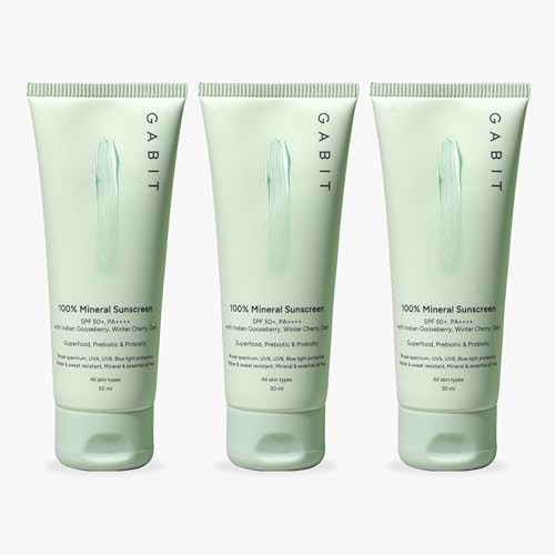 Image of Gabit 100% Mineral Sunscreen SPF 50 PA++++ | Water & Sweat Resistant, UVA /B & Blue Light Protection | No White Cast | Vit E, Gooseberry, Winter Cherry | Normal, Oily, Dry Skin Types | Oil free | 50ml | Pack of 3