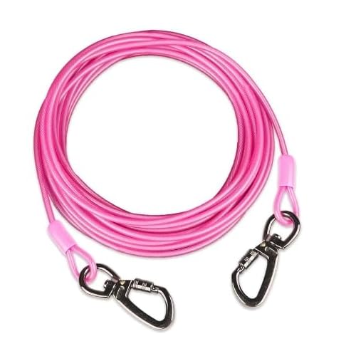 10FT Pink Dog Tie Out Cable - Heavy Duty Runner with Swivel Hook & Shock Spring, 500LBS Tensile for Small to Medium Pets