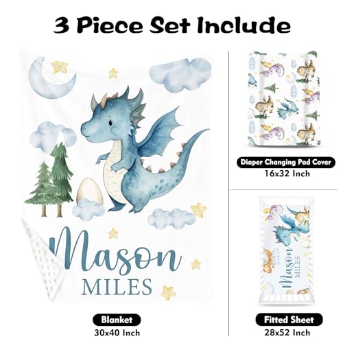 HSHRYY Custom Nursery Crib Bedding Set - Personalized Nursery Decor Baby Blanket Fitted Crib Sheet Changing Pad Cover Baby Room Rug Blue Dinosaur Pattern Gift Idea – A Fun Touch for The Nursery