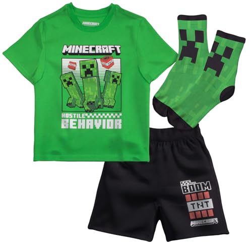 Minecraft Creeper Boys 3-Piece Set - Short Sleeve Graphic T-Shirt Shorts & Socks - Complete Summer Outfit for Kids (Green/Black Size 7)