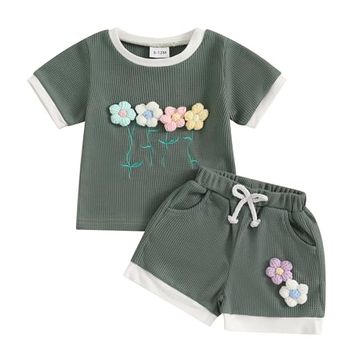 Gaono Toddler Baby Girl Summer Clothes Waffle Knit Outfit Floral Short Sleeve Tshirt And Shorts Set Cute Boho Baby Clothes (A-Green, 18-24 Months)