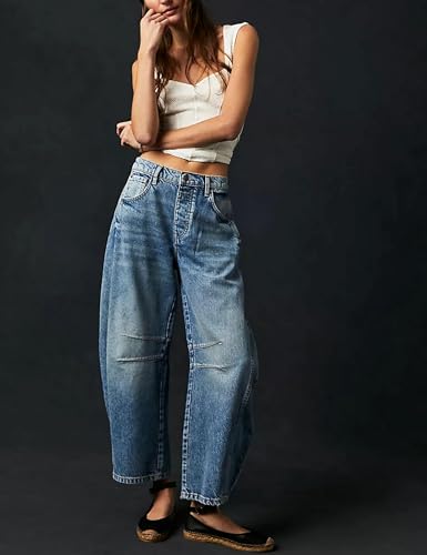 Womens Baggy Boyfriend Jeans Vintage Wide Leg Mid Rise Barrel Denim Ankle Pants Cropped Jeans,Blue,XX-Large2