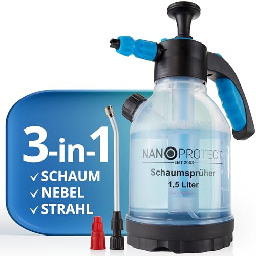 Nanoprotect Premium Drucksprüher | 1 5 L - Schaumsprüher mit 3 Düsen inkl. Messbecher + Lanze | Säurebeständig | Laugenbeständig | Pumpsprüher | Handsprüher