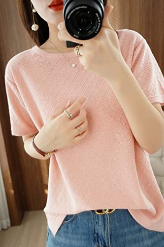 Image of Womens Short Sleeve Sweaters Tops Summer Thin Pullover Cotton Knit Shirt Crew Neck Lightweight Pointelle Blouse