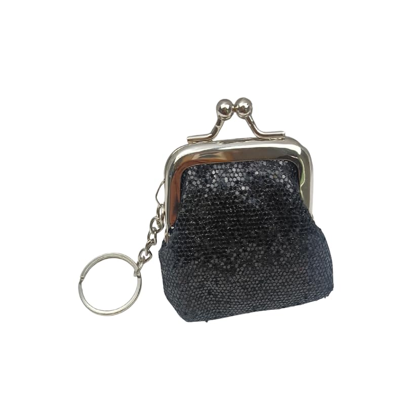 Crystal Glitter Coin Purse PU Leather Zip Pouch Key Ring Clip Mini Bag | Black - 2 inch-image-41