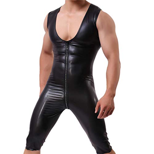 ASO-SLING Mens PU Faux Leather Tight Bodysuit Underwear Sexy Body Shaper Slimming Bodysuit Shaperwear with Zipper Black ASO-SLING Mens PU Faux Leather Tight Bodysuit Underwear Sexy Body Shaper Slimming Bodysuit Shaperwear with Zipper Black