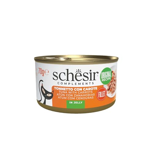 Schesir, Thunfischfilets mit Karotten in Gelee, ergänzendes Nassfutter für Katzen, Originalrezept, 100% natürlich, 12 Dosen à 70 g