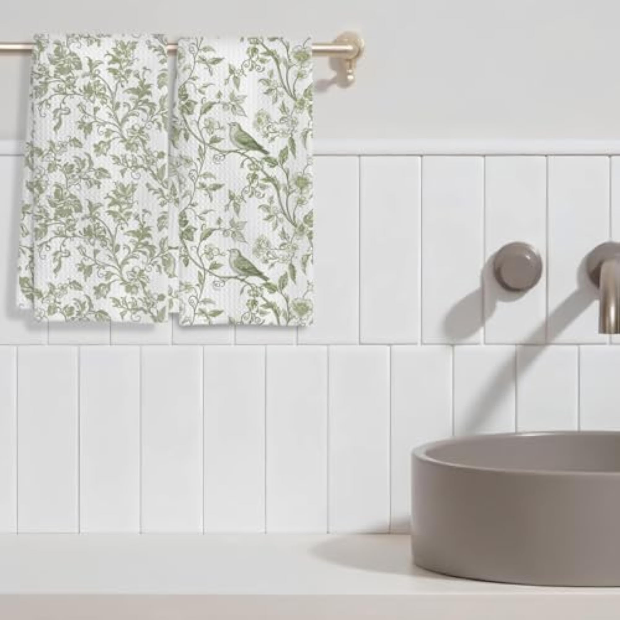Sage Green Chinoiserie Floral Kitchen Towels