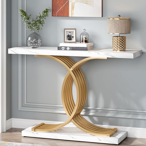 Mesa consola moderna con patas de metal geométricas, mesa estrecha de mármol sintético blanco para sala de estar, pasillo, mesa de sofá, diseño elegante y ahorra espacio